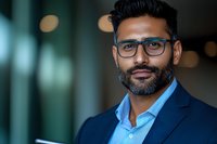 Confident South Asian businessman wearing glasses and navy suit smiles at camera in corporate environment with soft bokeh lighting, portraying leadership and success.