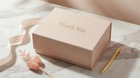Elegant blush pink thank you gift box with gold lettering on marble surface, styled with dried flowers and ribbon for luxury packaging.