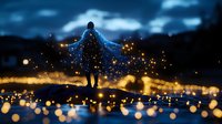 Silhouette of person with glowing cape made of stars and lights against dramatic blue sky at twilight creating magical fantasy scene for creative projects.