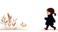 Young Asian girl in black coat walking past autumn plants and leaves silhouette, minimalist style illustration on white background, isolated design element.