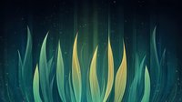 Mystical glowing grass blades against dark teal background with floating light particles create magical nature atmosphere for fantasy designs.