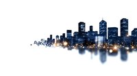 Modern city skyline silhouette with glowing lights and reflection on water surface, dissolving into abstract particles against white background. Isolated design element.