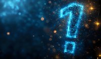 Glowing blue question mark composed of luminous particles against dark cosmic background with bokeh lights and stars, suitable for mystery concepts.