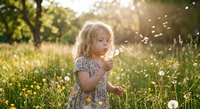 Young blonde girl blowing dandelion seeds in sunny meadow during golden hour. Child enjoying nature outdoors in spring field with wildflowers and soft light.