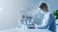 Healthcare professional in white coat working on laptop with digital network visualization effect in modern medical laboratory setting.