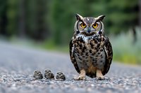 Great horned owl standing on gravel road with three tiny owl figurines lined up in front, creating whimsical nature photography composition against blurred forest background.