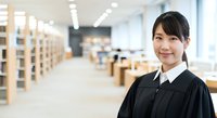 Young East Asian female librarian in professional black cardigan smiling at camera in modern library with wooden shelves and natural lighting, suitable for education and workplace concepts.
