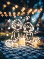 Glowing neon line art of romantic couple sharing drink on picnic blanket with hearts and bokeh lights background, anime style illustration for Valentine designs.