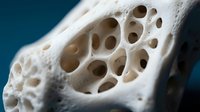 Detailed cross-section of porous bone structure showing osteoporosis effects with visible trabecular network and calcium deficiency patterns for medical education.