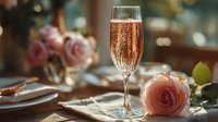 Elegant champagne flute filled with sparkling rosé wine on romantic dinner table with pink roses and soft bokeh lighting for celebration occasions.