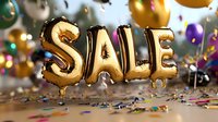 Gold foil balloon letters spelling SALE floating with colorful confetti and bokeh lights in background, festive retail promotion celebration atmosphere.