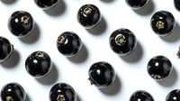 Black currant berries arranged in geometric pattern on white background. Fresh ripe dark berries creating minimalist food composition with natural shadows.