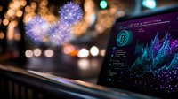 Cryptocurrency trading chart on laptop screen with glowing bitcoin symbol and bokeh lights creating magical atmosphere for financial technology concept.