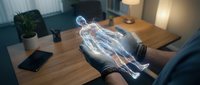 Technologist holding glowing holographic human anatomy model in office workspace, displaying digital medical visualization and futuristic healthcare technology for medical education and innovation.