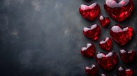 Red crystal hearts scattered on dark background, romantic Valentine's day composition with copy space for text, love concept decoration for greeting cards.