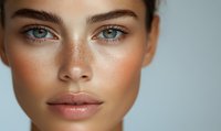 Close up portrait of young woman with natural freckles, blue eyes and fresh glowing skin showing natural beauty makeup look and flawless complexion.