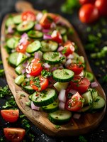 Fresh garden salad with sliced cucumbers, cherry tomatoes, red onions and herbs served on rustic wooden platter, close up view with natural lighting.