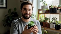 Young bearded man holding small succulent plant in cozy home with green plants on wooden shelves background for gardening and houseplant care concepts.