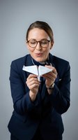 Professional woman with glasses and brown hair wearing navy blazer holding empty wallet, depicting financial hardship, bankruptcy, or money shortage for business and finance concepts.