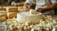 Professional chef crumbling fresh cheese on wooden cutting board with scattered cheese pieces and flour dust, warm lighting creates appetizing mood.