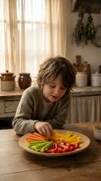 Young boy enjoying colorful fresh vegetable platter in cozy rustic kitchen with natural lighting and traditional farmhouse decor elements.