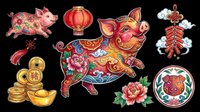 Lunar new year pig with decorative elements, gold coins, lanterns, and floral ornaments isolated on transparent background. Ready for t-shirt design, clipart, stickers, sublimation, and print-on-demand products.
