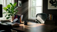 Modern home office workspace with wooden desk, ergonomic chair, laptop computer and green plant by sunny window for remote work productivity.