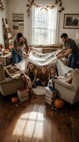 Happy family building blanket fort in cozy autumn living room with three children sitting inside while parents hold sheet overhead creating magical hideaway.