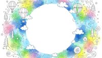 Watercolor rainbow frame with hot air balloons, clouds and whimsical doodles on white background for greeting cards and invitations.