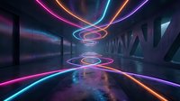Futuristic neon tunnel with glowing colorful light trails creating spiral patterns in dark sci-fi corridor with reflective floor for digital art projects.