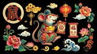 Rat zodiac sign with decorative Asian elements, lanterns, flowers, and ornamental details isolated on transparent background. Ready for t-shirt design, clipart, stickers, sublimation, and print-on-demand products.