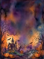 Spooky Halloween night scene with haunted castle, flying bats, carved pumpkins and twisted trees under dramatic purple orange sky for seasonal designs.