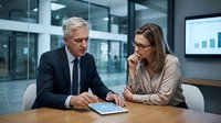Mature male executive with gray hair and female colleague reviewing digital tablet in modern office conference room with data charts displayed.