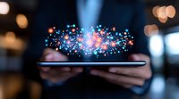 Glowing network of colorful dots and connections floating above smartphone screen in dark environment, representing digital connectivity and data visualization.