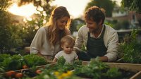 Young family with toddler tending to organic vegetable garden at sunset, parents teaching child about growing food in raised garden bed surrounded by fresh produce.