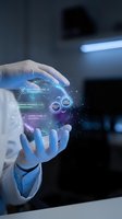 Scientist in white lab coat holding glowing digital sphere with learning analytics data visualization, progress metrics, and performance indicators for educational technology and AI research applications.