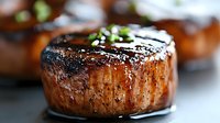 Juicy grilled beef tenderloin steak with caramelized crust, seasoned with herbs and spices, garnished with fresh microgreens on dark background, macro shot.