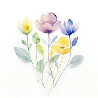 Delicate watercolor flowers in soft pastel colors of yellow, pink, and blue with gentle green leaves on white background, suitable for wedding stationery and nursery decor.