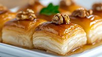 Golden honey baklava pastries with walnuts and syrup arranged on white plate, traditional Middle Eastern dessert for bakery menu design.