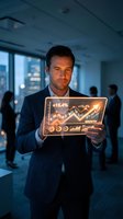 Professional businessman holding holographic financial chart display in modern office with city skyline background for business presentations.
