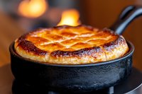 Golden brown soufflé rising high in cast iron skillet with diamond pattern on top, warm ambient lighting creates cozy restaurant atmosphere.