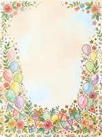 Festive celebration frame with colorful balloons, roses, gift boxes, and floral garland on cream background. Isolated design ready for invitations, greeting cards, and party materials.
