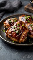 Glazed chicken thighs with sesame seeds and green onions in rustic bowl on dark slate surface for restaurant menu and culinary marketing materials.