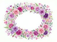 Watercolor floral wreath with pink and purple roses, hearts and greenery on white background. Romantic frame for wedding invitations and greeting cards.