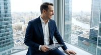 Professional businessman in navy suit holding tablet while looking out office window at urban cityscape, corporate executive planning strategy.