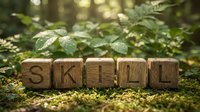 Wooden blocks spelling skill arranged on moss with green foliage background, representing personal development, training, and professional growth for educational and business concepts.
