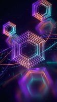 Neon geometric hexagonal cubes floating in space with vibrant purple, pink and cyan gradient lights creating futuristic digital technology atmosphere.