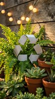 Eco-friendly recycling symbol with green plants and warm string lights on rustic wooden background for sustainable living and environmental awareness.