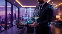 Professional businessman holding glowing digital scales of justice in modern office with city skyline view at dusk representing legal technology solutions.