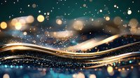 Abstract luxury background with flowing golden waves and glowing particles on dark surface with bokeh lights and sparkling magical effect.